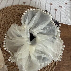 Petal and Pup Elegant Cream & Black Pearl-Embellished Hair Scrunchie